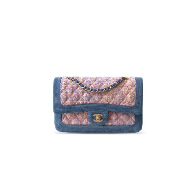 CHANEL PINK DENIM CLASSIC DOUBLE FLAP MEDIUM AS3767 (25*16*7cm)